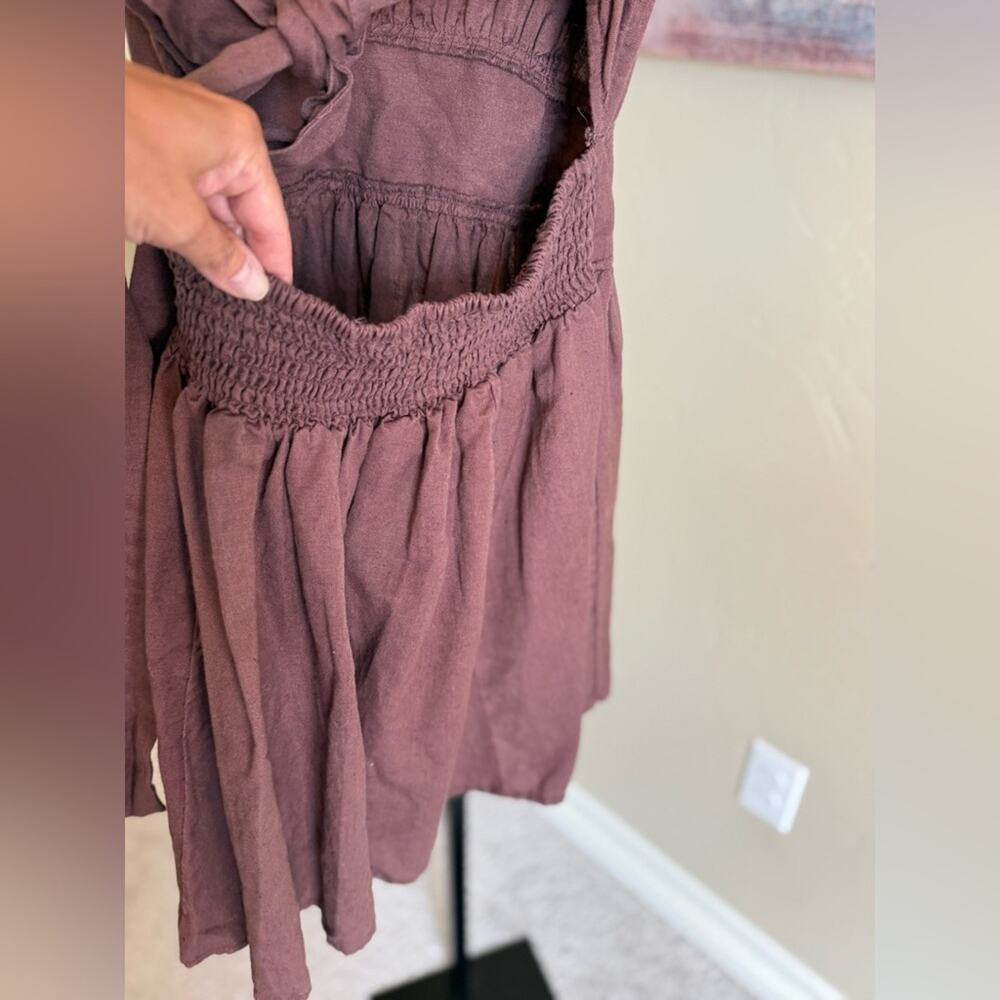 Free People Erin Tie Back Linen Mini Skater Dress Brown Women’s Size Small - Picture 5 of 8